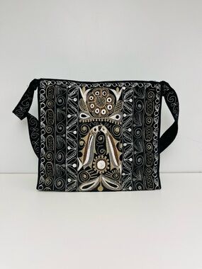 Black, Tan and White Boho Embroidered Shoulder Bag